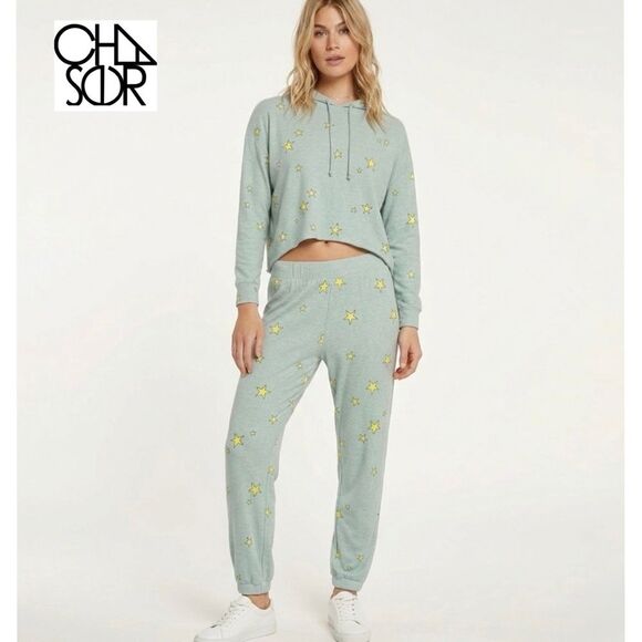 Chaser Tops - Chaser Brand Star Print Hoodie & Joggers Set Blue Yellow Revolve Loungewear L M